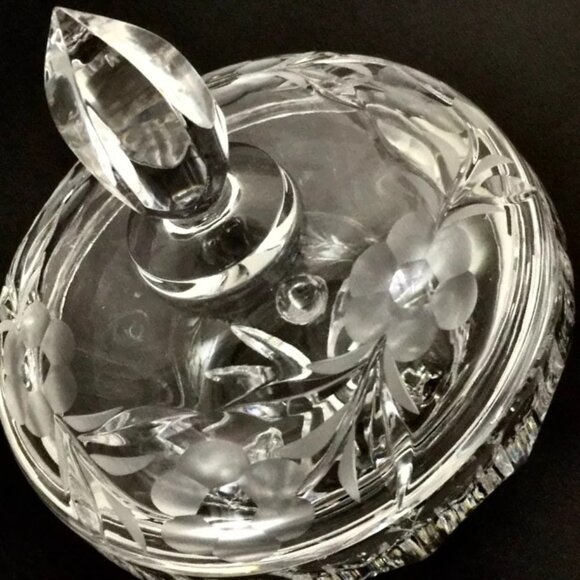 Czech Hand Cut Crystal Lidded Candy Dish Pedestal Bowl Etched Glass Lid VTG 60's - Picture 9 of 12
